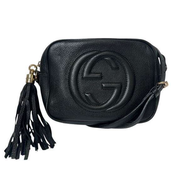 $1280 GUCCI Black Leather Disco Soho Gold Hardware Tassel Crossbody Bag as is - Picture 2 of 16